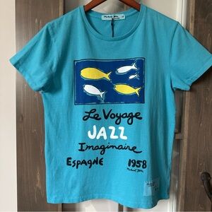 Michael Stars Vintage Le Voyage Jazz Graphic T-Shirt Womens OS Turquoise Fish